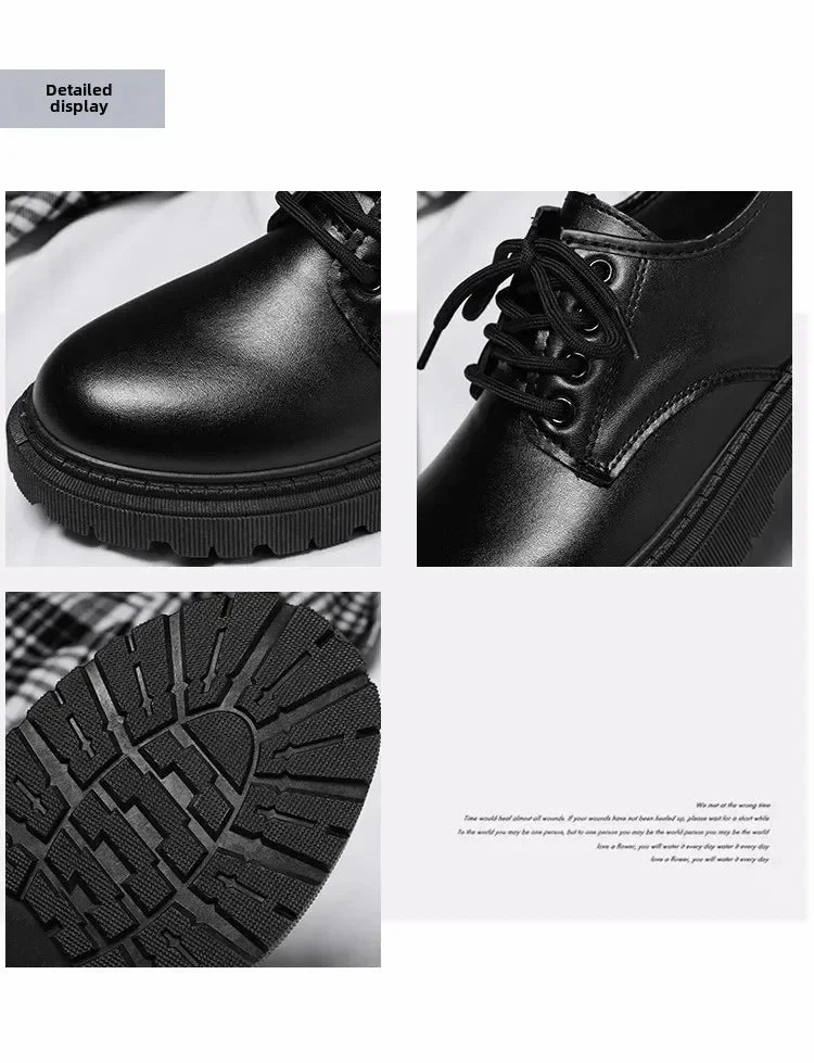 Low Impact Design Shock Diffusing Plate Casual Men's Pure Black Lace-up Height-increasing Business-style Low-heeled, Comfortable and Durable Small Leather Shoes