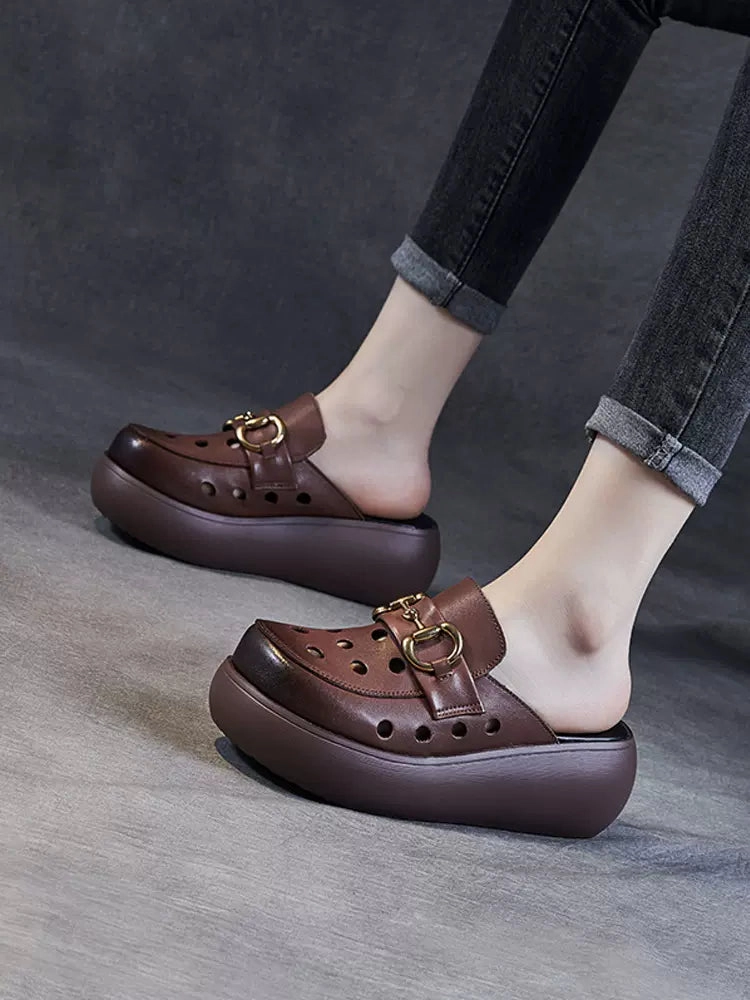 Heel Cushioning Technology Spring & Summer Breathable Comfortable Retro Hollow-out Leather Sandals