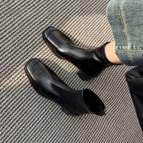 Leather Casual Square Toe Patchwork Chunky Zipper Mid-Calf Boots Ankle support system Exclusive