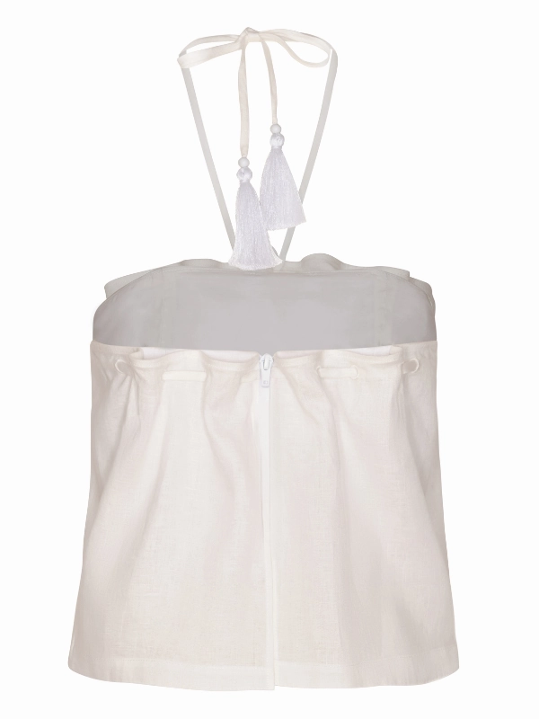 Caricia Eterna Pleated Linen Halter Top in Off White ShockAbsorbent Padding Royal Ease