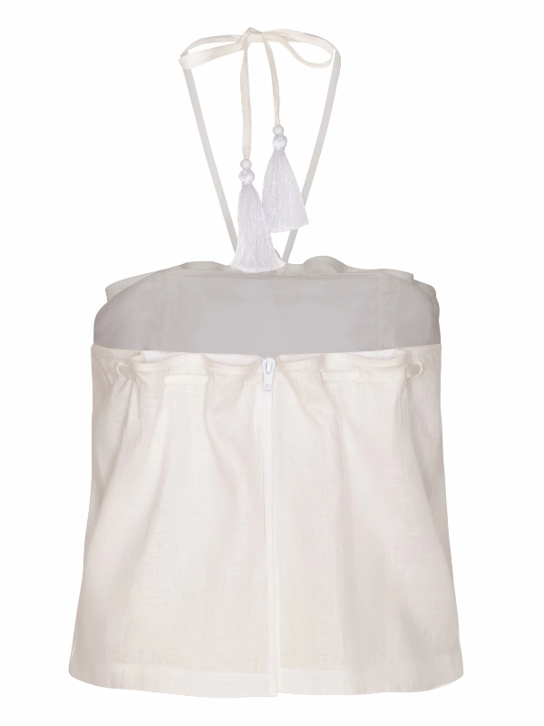 Caricia Eterna Pleated Linen Halter Top in Off White Functional Jacket