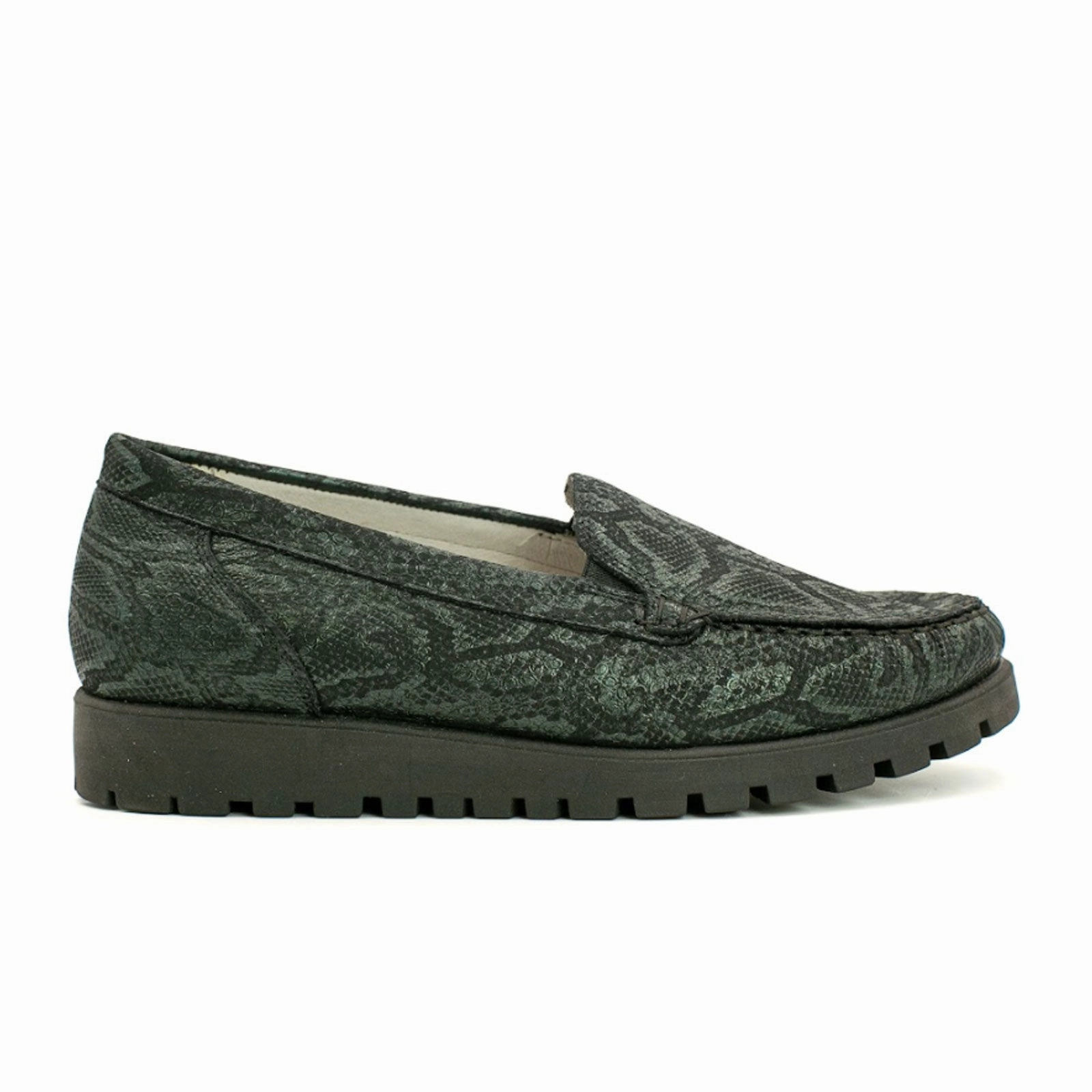 Flowy Layers Waldlaufer Hegli 549001 Slip On Loafer (Women) - Dark Green Snake