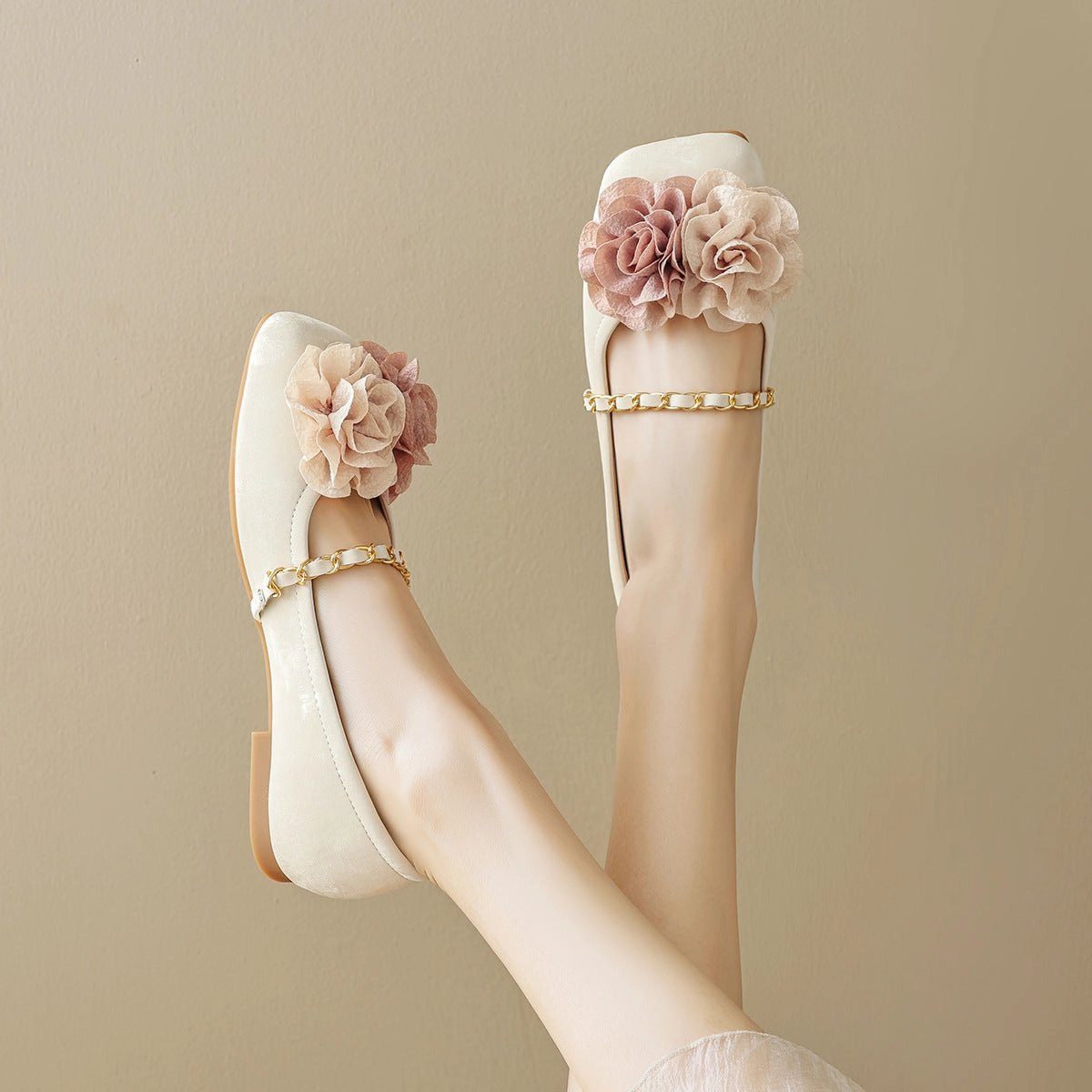 Elegant Floral Square Toe Instep Strap Slip- Ons Embroidered Breathable Perforations