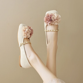 Trend-setting sole Elegant Floral Square Toe Instep Strap Slip- Ons