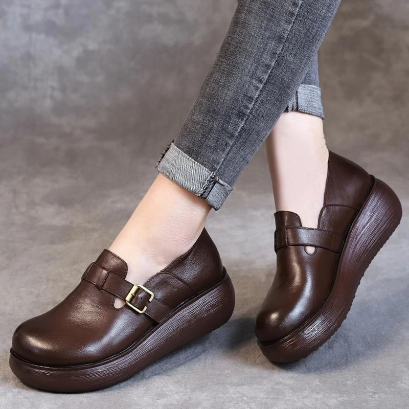 Babakud Women New Casual Leather Handmade Buckle Shoes Puncture Resistant Base