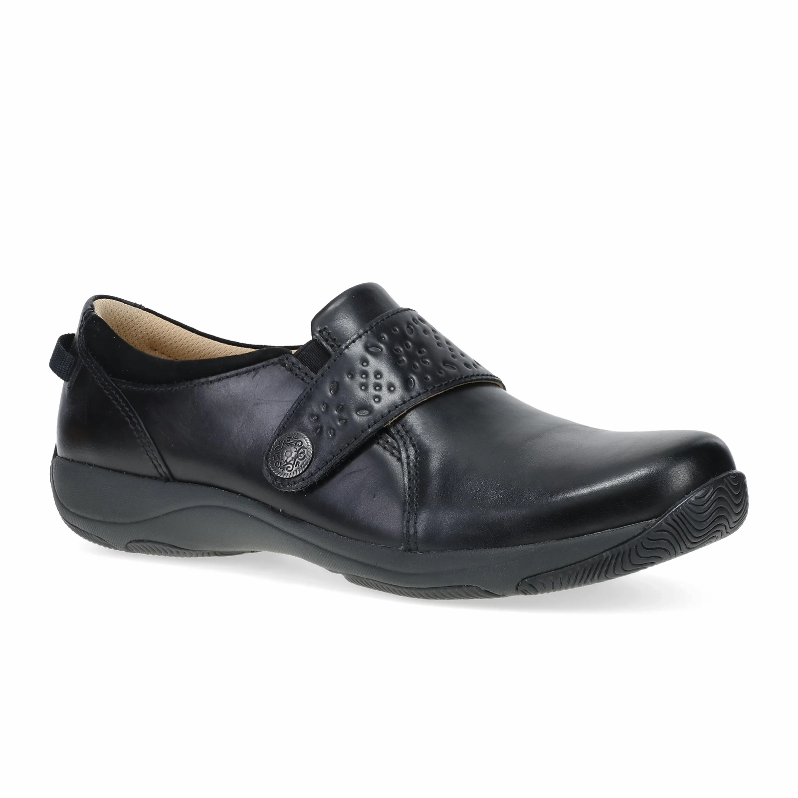 Dansko Sallie Slip On (Women) - Black Waxy Burnished Minimalist-Trend Floral Swing