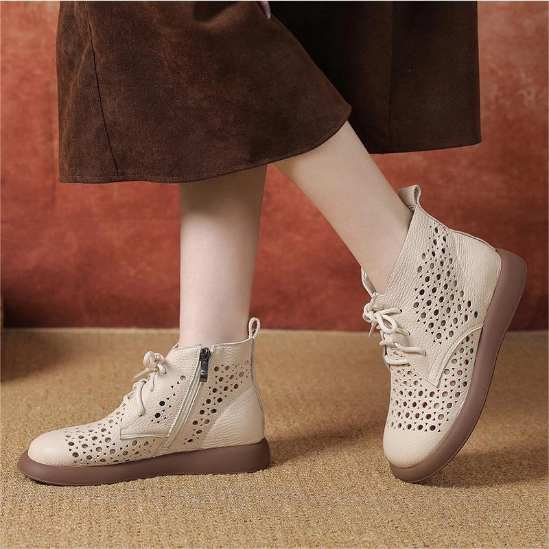 Women Soft Soled Lace Up Hollow Leather Ankle Boots least gym