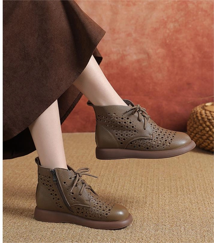 Quick Drying Fabric Shock absorption system Women Soft Soled Lace Up Hollow Leather Ankle Boots