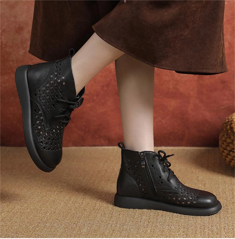 Ergonomic Last Women Soft Soled Lace Up Hollow Leather Ankle Boots