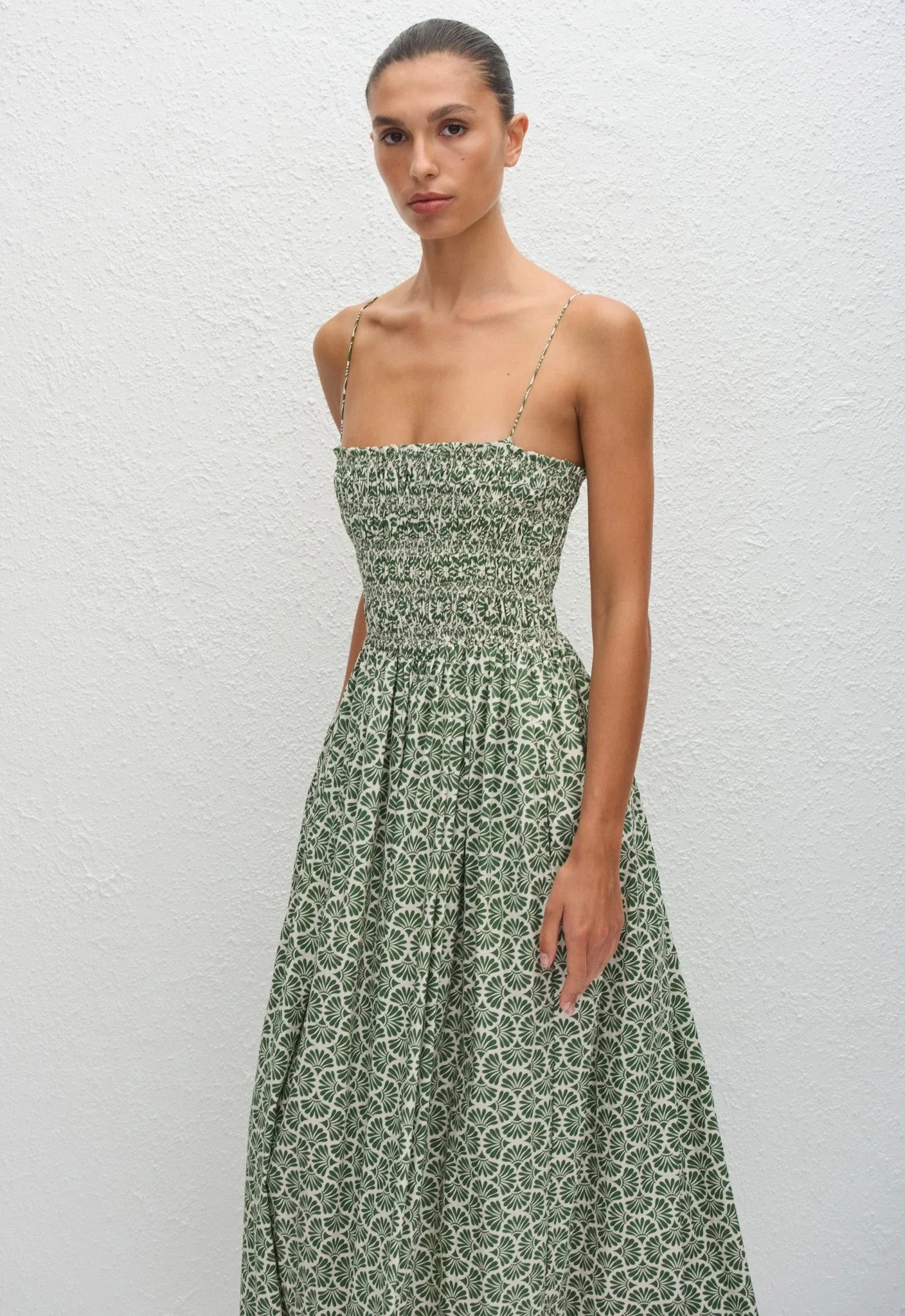 Shirred Bodice Dress in Vetiver StainResistant Fabric Still Soul