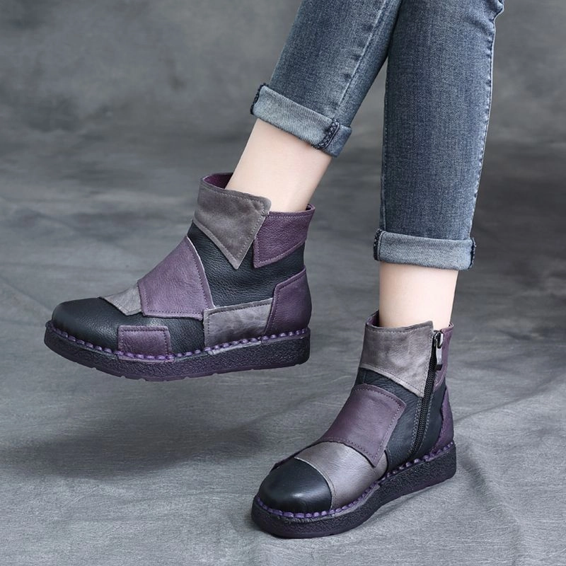 Elastic Ankle Cuff Foot Care Babakud Women Ethnic Style Retro Stitching Leather Boots