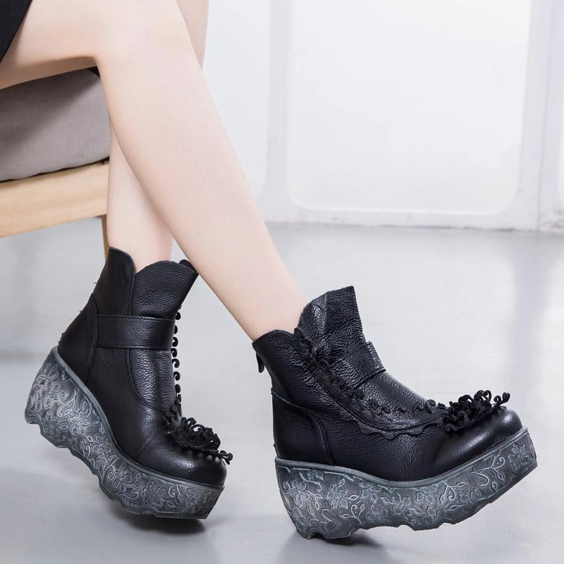 Ethnic Style Carved Platform Wedge Boots Breathable mesh Minimalist