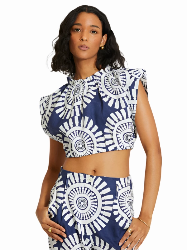 Lake Glow Comfortable Wear Muna Ruched Crop Top in Zeina Navy