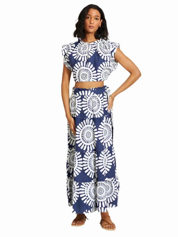 Muna Ruched Crop Top in Zeina Navy Boho Light