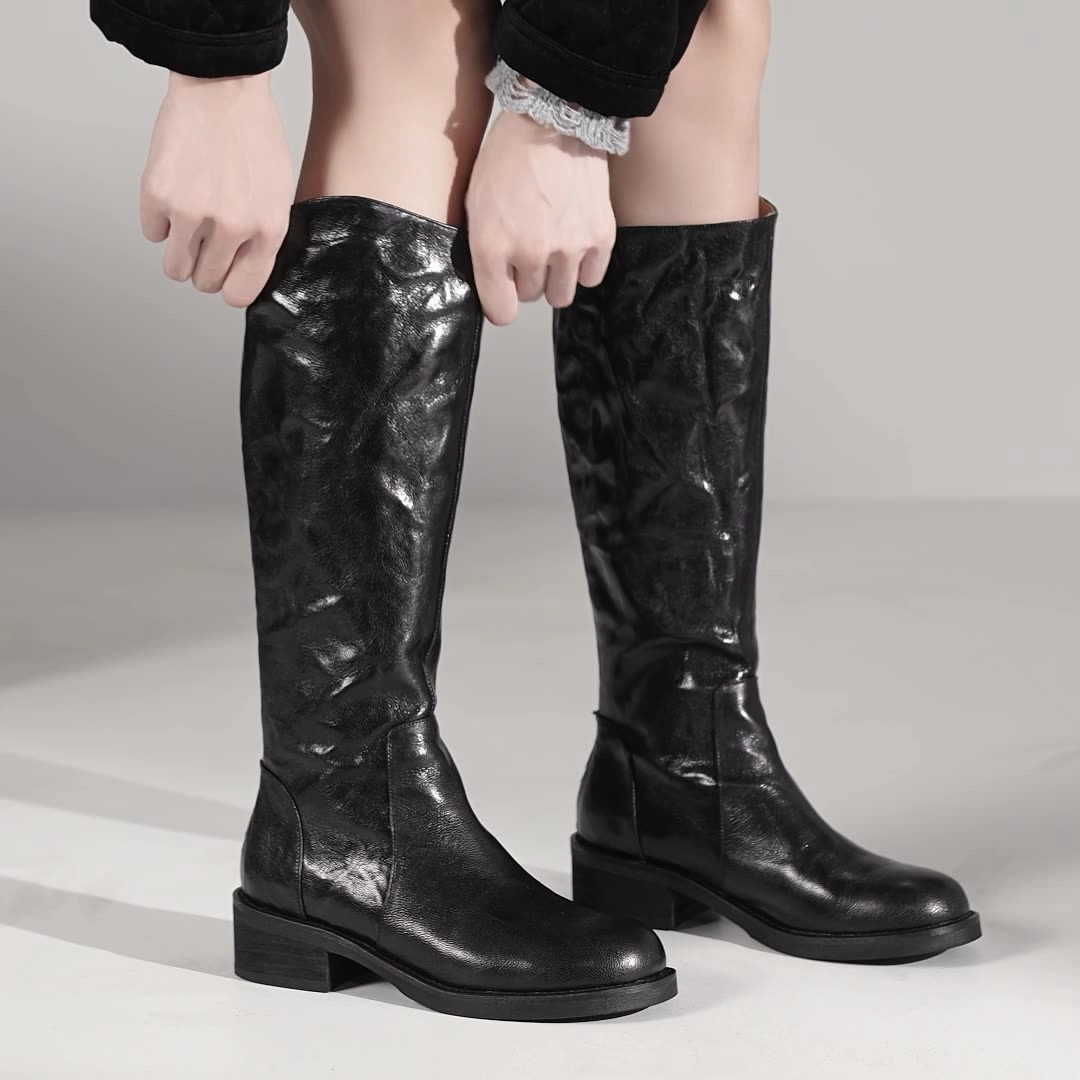 Fashionable Sheepskin Leather Chunky Zipper Knee-High Boots tempting