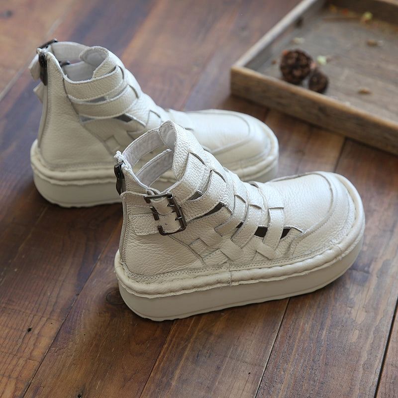 Spring Summer Retro Hollow Out Plait Leather Sandals Seamless football boots