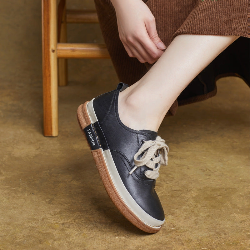 Women Genuine Leather Round Toe Lace-Up Flat Casual Shoes Vegan Leather Ankle support system