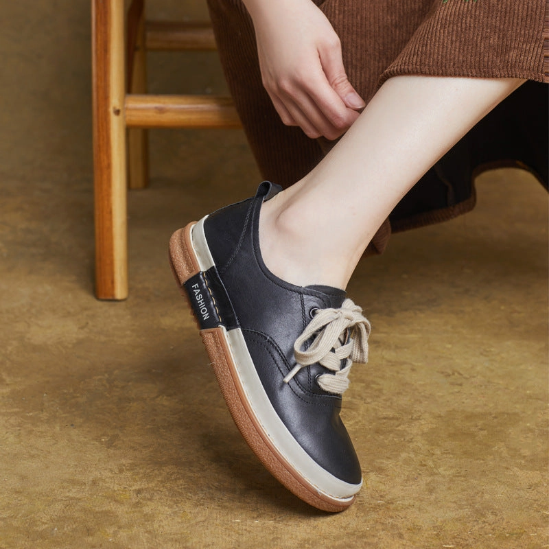Women Genuine Leather Round Toe Lace-Up Flat Casual Shoes travel - convenient