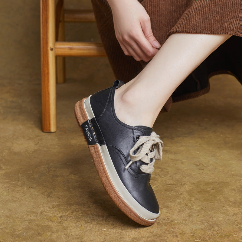 training - style Women Genuine Leather Round Toe Lace-Up Flat Casual Shoes