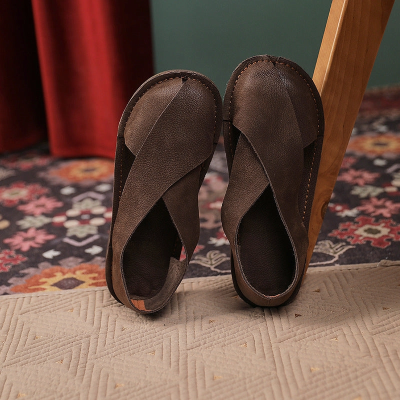 Recycled Rubber Base Hypoallergenic Inner Layer Women Summer Vintage Closed Toe Roman Style Flats Leather Shoes