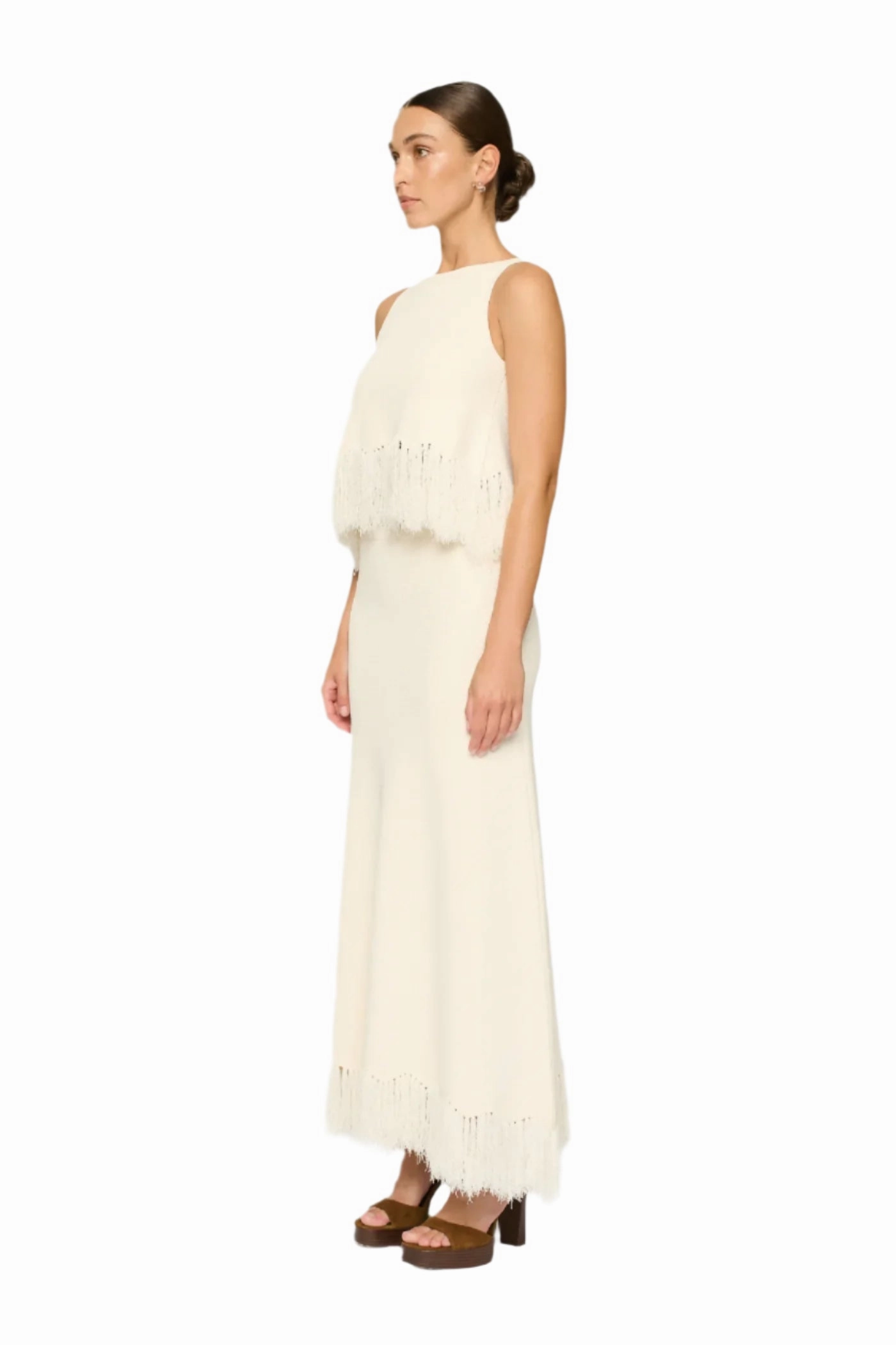 Clarissa Fringe Knit Skirt in Parchment Casual Comfort