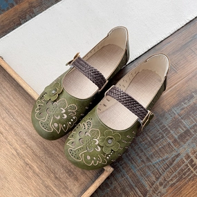 Babakud Women Spring Leather Floral Hollow Mary Jane Ballet Flats Beach Footwear
