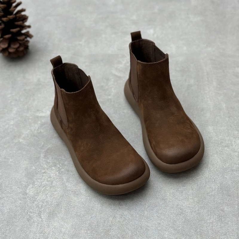 Babakud Women Vintage Minimalist Genuine Leather Chelsea Boots Chunky Refined
