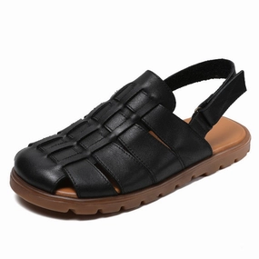 Summer Retro Leather Woven Closed Toe Cut-Out Soft Sole Flats travelers' Exclusive breathability