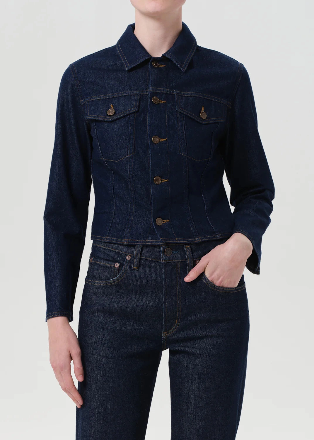 Contoured Jacket in Rinse Chic Skirt Denim Cool