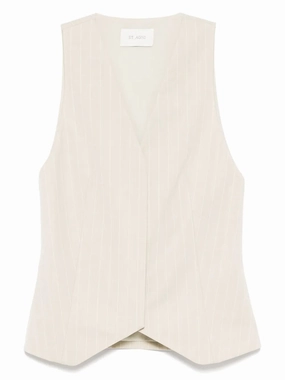 DoubleStitchReinforcement Stylish Jacket Pinstripe Wool Vest in Latte