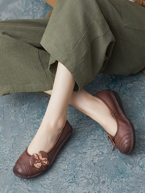 slip - on Summer Retro Genuine Leather Shallow Soft Sole Bow Shoes