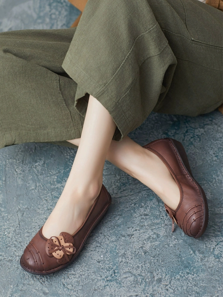 slip - on Summer Retro Genuine Leather Shallow Soft Sole Bow Shoes