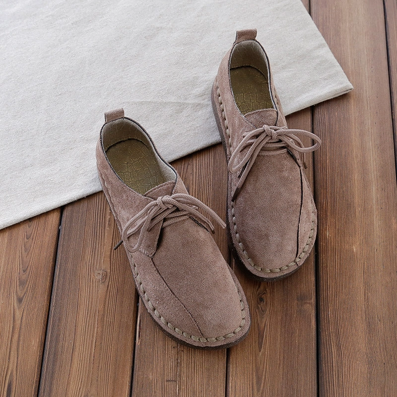 Women Retro Suede Lace-Up Casual Handmade Flat Shoes breathable user