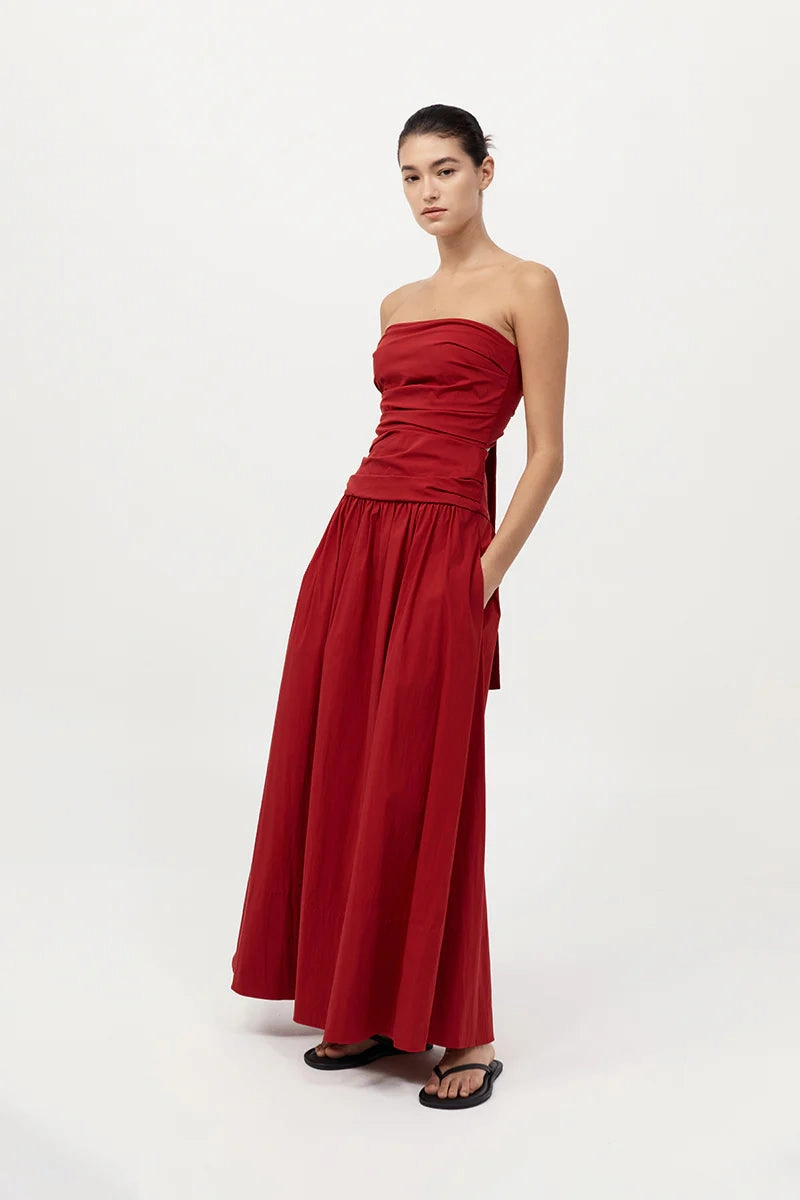 Gathered Strapless Tie Back Dress in Rosso Meeting Ready Lounge Gear