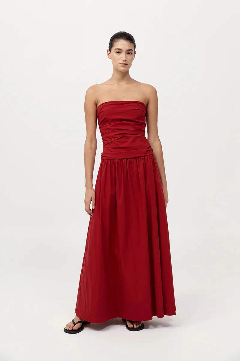 All Day Gathered Strapless Tie Back Dress in Rosso