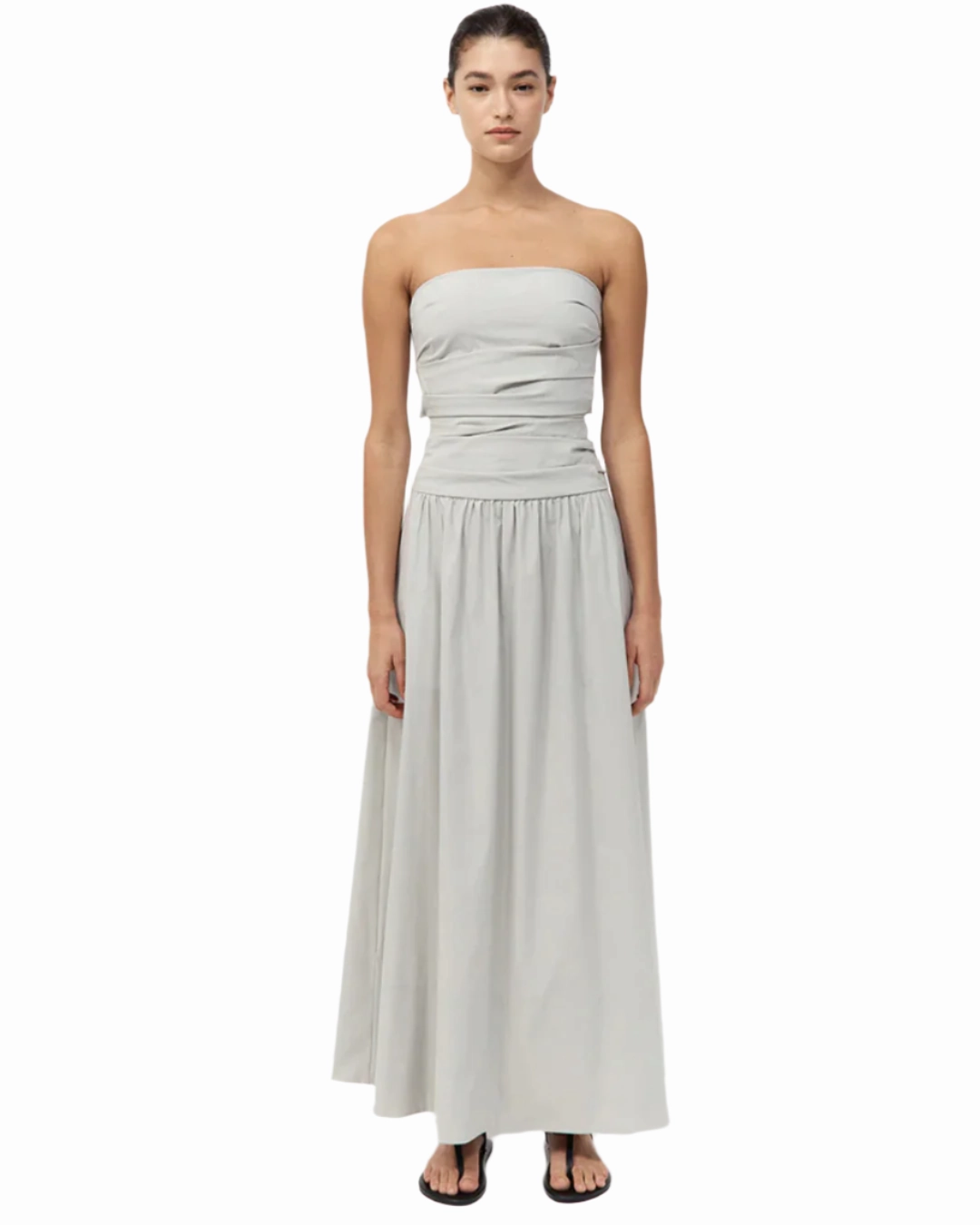 Gathered Strapless Tie Back Dress in Silver Compact Packable Design Basic Wardrobe