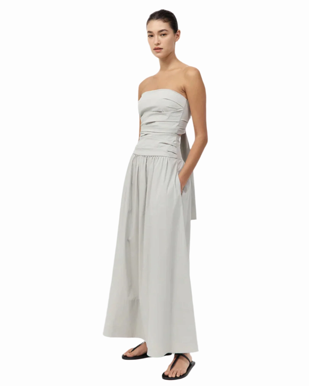 Gathered Strapless Tie Back Dress in Silver Tech Mood