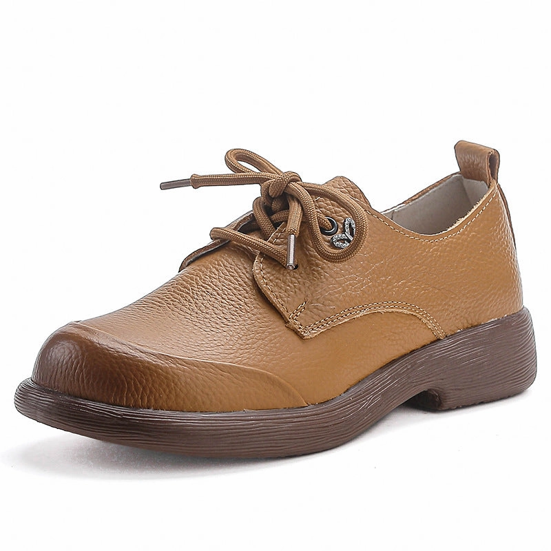 machine washable material Structured Design Genuine Leather Summer Retro Chunky Soft Sole Lace-Up Flats Shoes