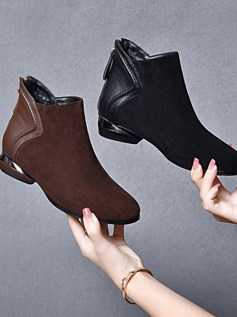 Genuine Leather Versatile Soft Flat Sole Patchwork Ankle Boots Stretchable Tongue