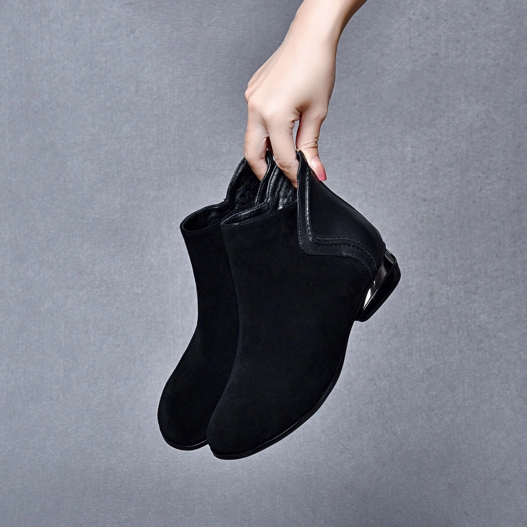 home Genuine Leather Versatile Soft Flat Sole Patchwork Ankle Boots