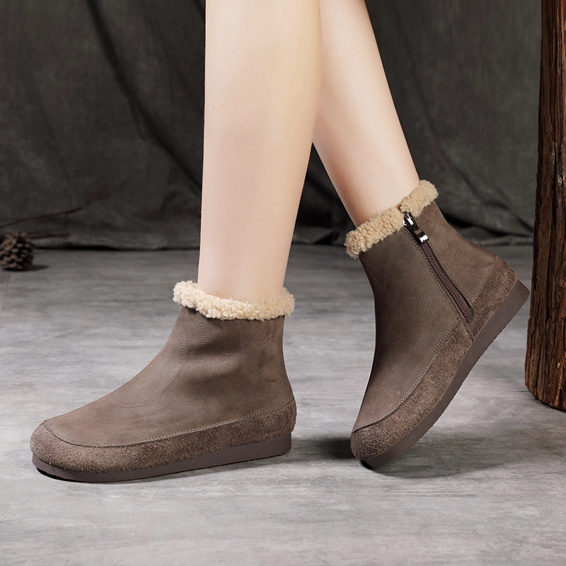 Winter Top Leather Round Toe Fleece-In Warm Zipper Boots Timeless Support