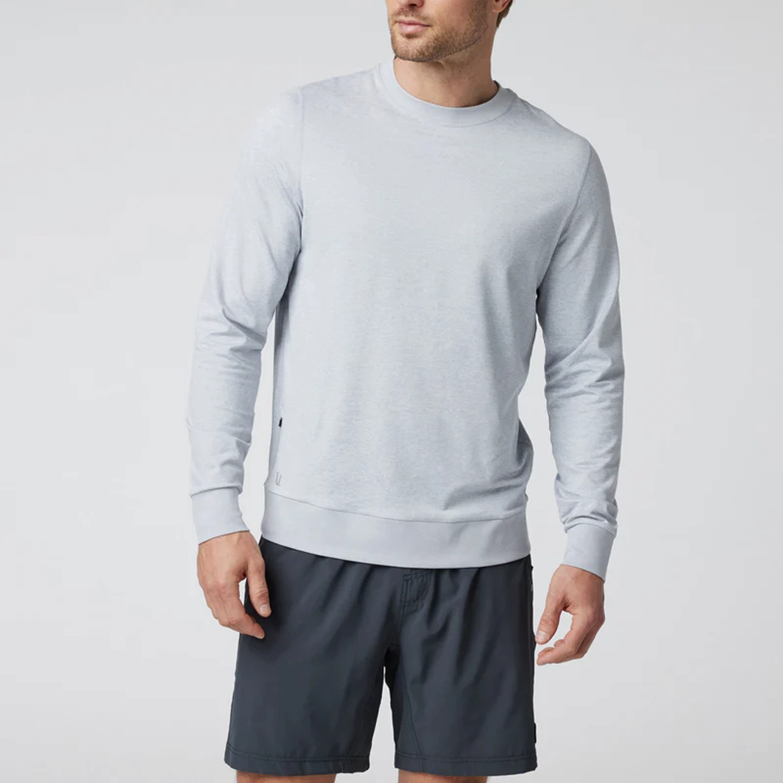 Vuori Ponto Performance Long Sleeve Crew (Men) - Platinum Heather Tagless Labeling Snow Core