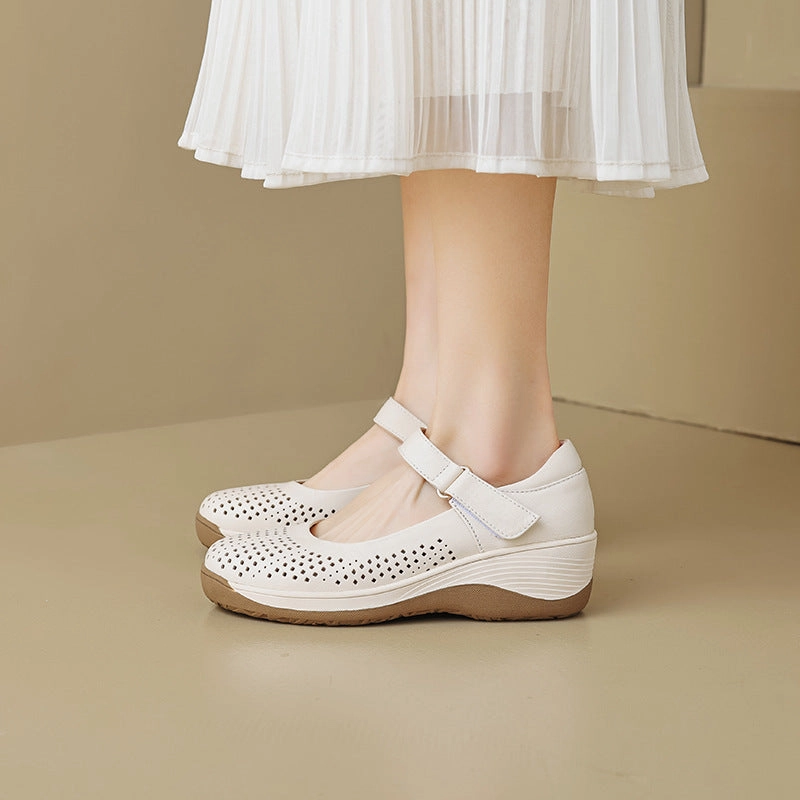 Thermal Regulating Liner Women Retro Leather Casual Hollow Shallow Velcro Sandals