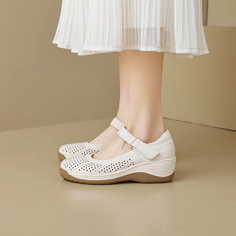 Women Retro Leather Casual Hollow Shallow Velcro Sandals Slip On Style