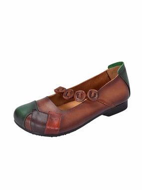 Babakud Women Spring Retro Leather Patchwork Flats Shoes Flexible Arch Support