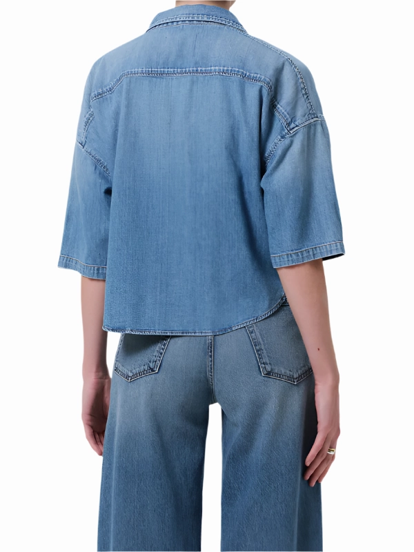 Trendy Cut Frances Cropped Cape Button Up in Skyland