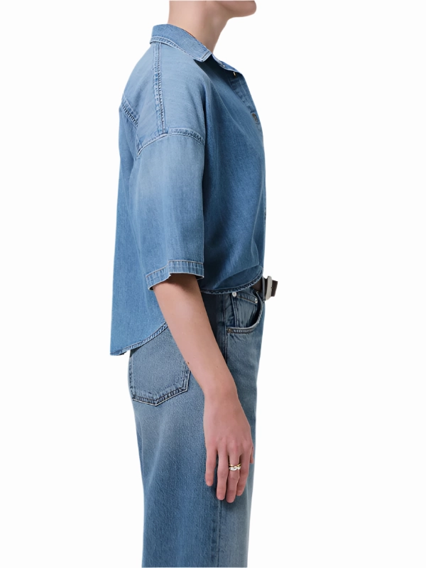 Frances Cropped Cape Button Up in Skyland Skin Hug Low Care