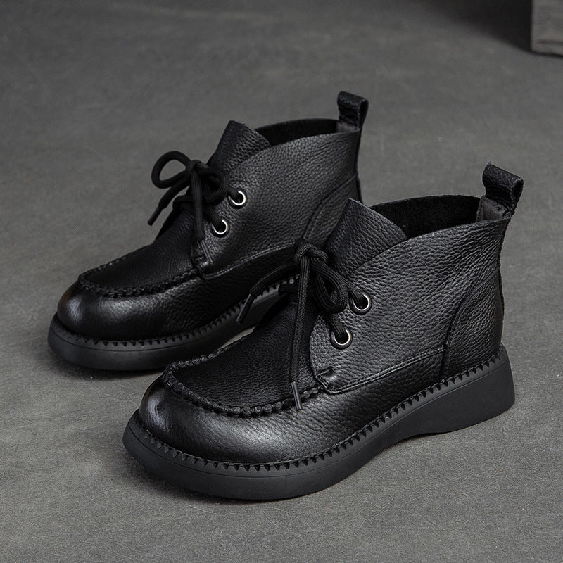 Women Spring Retro Fashionable Leather Lace Up Boots All-weather shock absorption odor - resistant