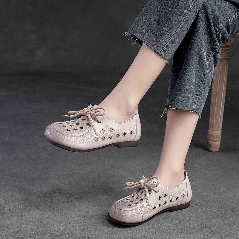 most stylish cold - weather Babakud Summer Breathable Leather Hollow Lace Up Flats