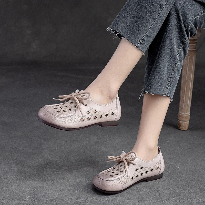 Babakud Summer Breathable Leather Hollow Lace Up Flats rubber